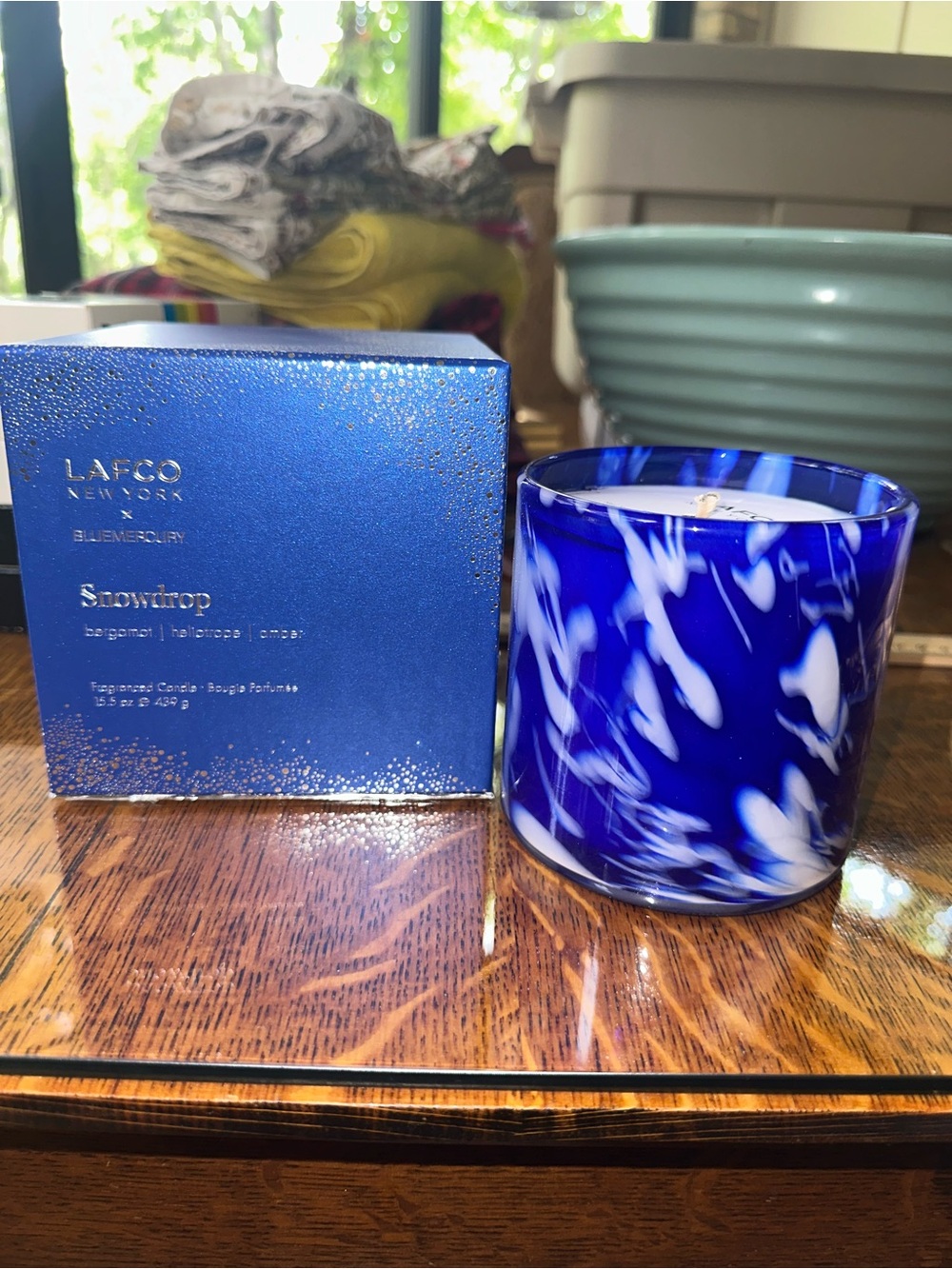 Lafco Blue and White Swirl Glass Snowdrop Candle